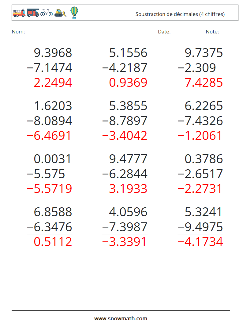 (12) Soustraction de décimales (4 chiffres) Fiches d'Exercices de Mathématiques 2 Question, Réponse