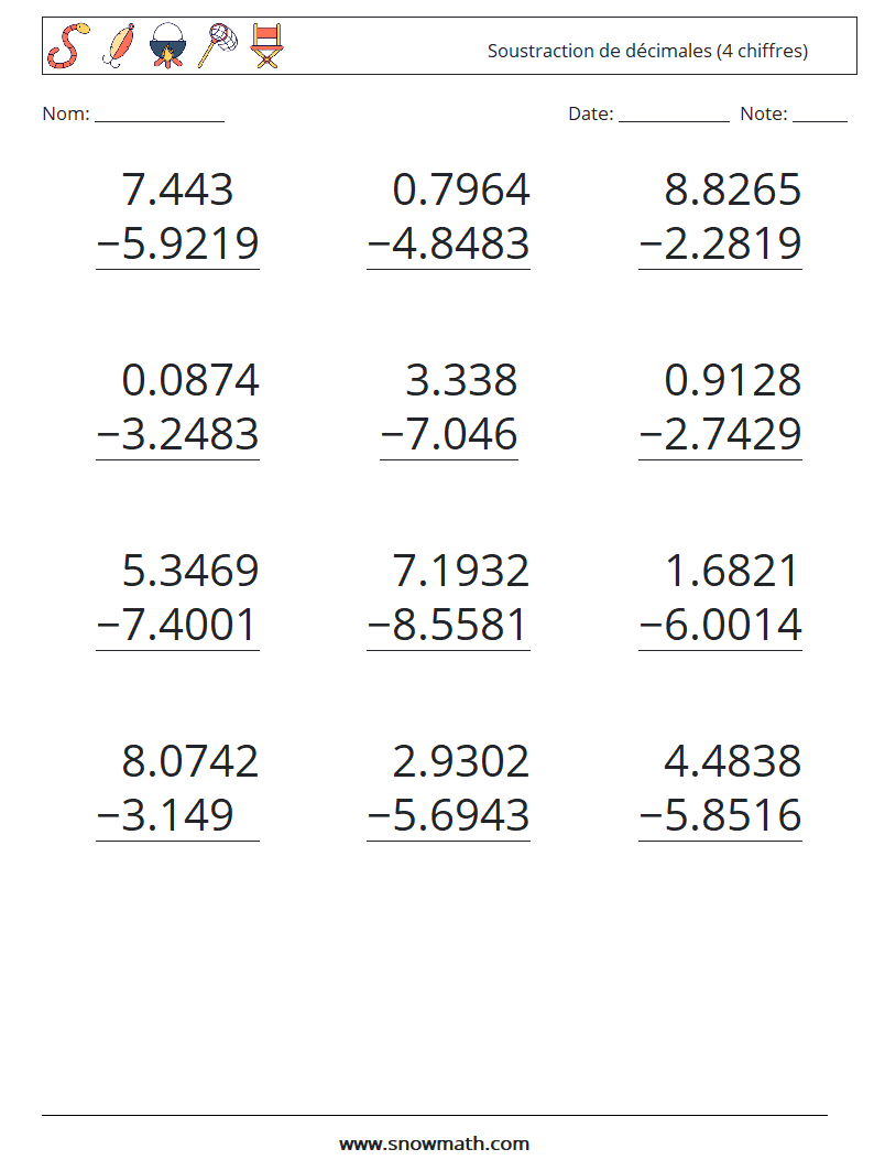 (12) Soustraction de décimales (4 chiffres) Fiches d'Exercices de Mathématiques 3