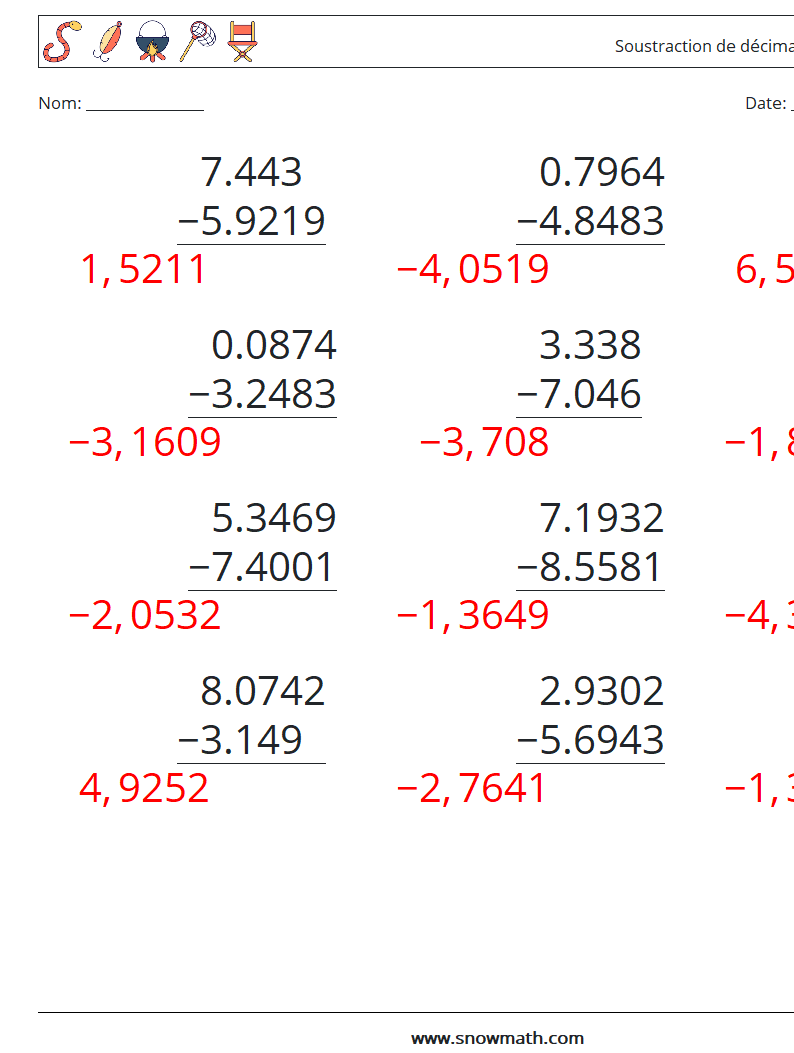 (12) Soustraction de décimales (4 chiffres) Fiches d'Exercices de Mathématiques 3 Question, Réponse