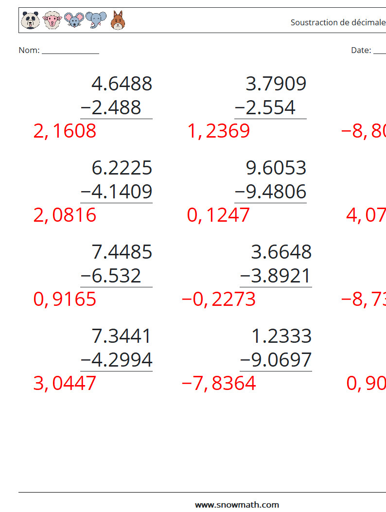 (12) Soustraction de décimales (4 chiffres) Fiches d'Exercices de Mathématiques 4 Question, Réponse