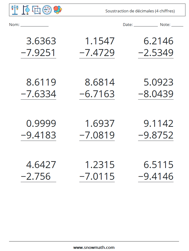 (12) Soustraction de décimales (4 chiffres) Fiches d'Exercices de Mathématiques 5