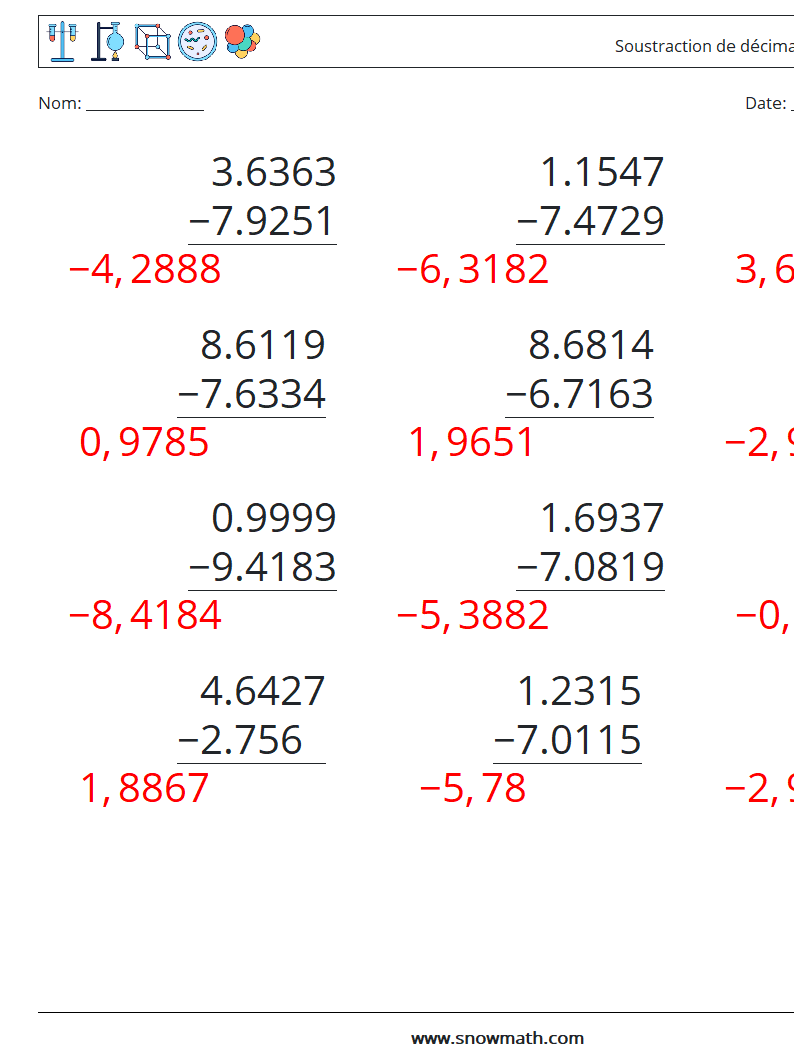 (12) Soustraction de décimales (4 chiffres) Fiches d'Exercices de Mathématiques 5 Question, Réponse