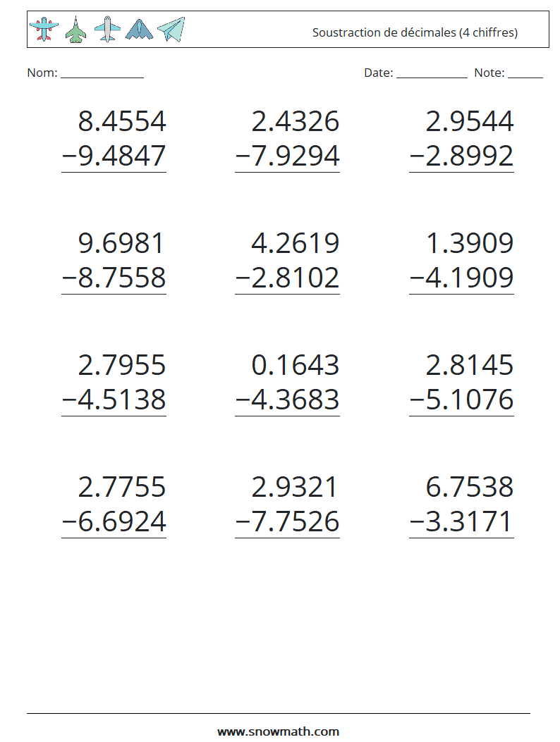 (12) Soustraction de décimales (4 chiffres) Fiches d'Exercices de Mathématiques 6