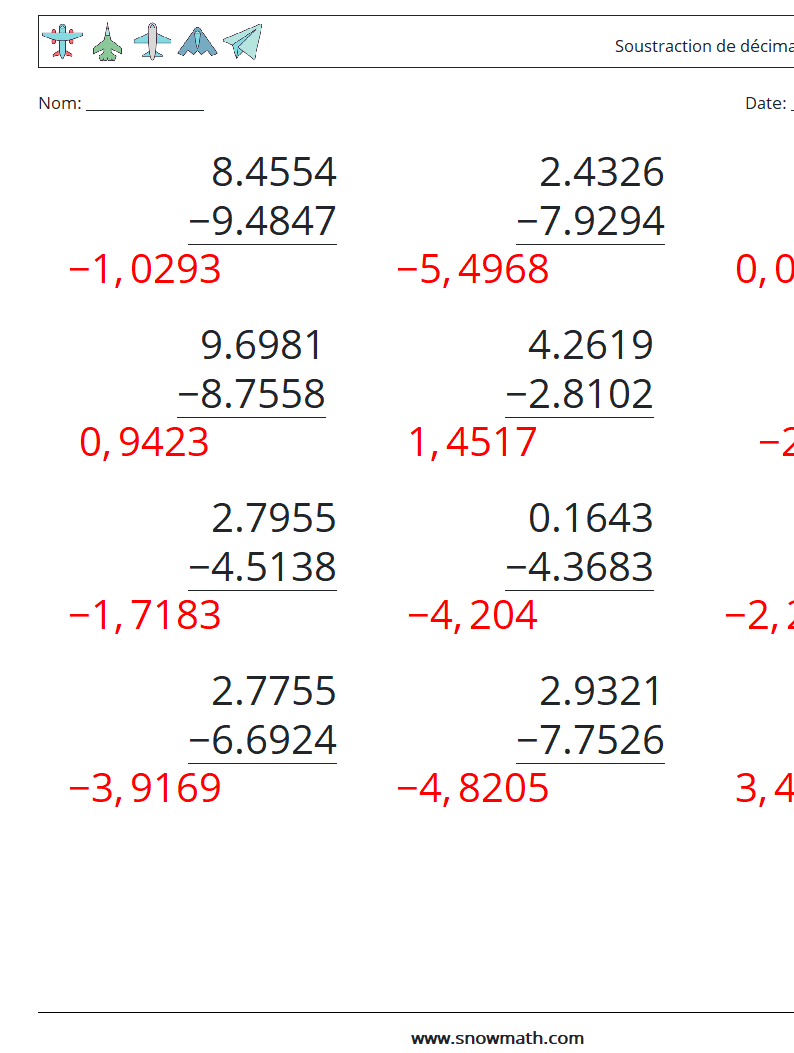 (12) Soustraction de décimales (4 chiffres) Fiches d'Exercices de Mathématiques 6 Question, Réponse