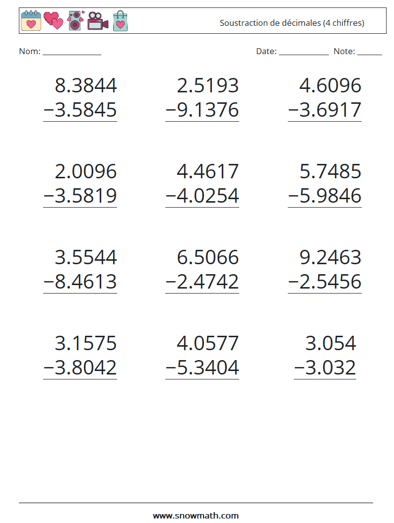 (12) Soustraction de décimales (4 chiffres) Fiches d'Exercices de Mathématiques 7