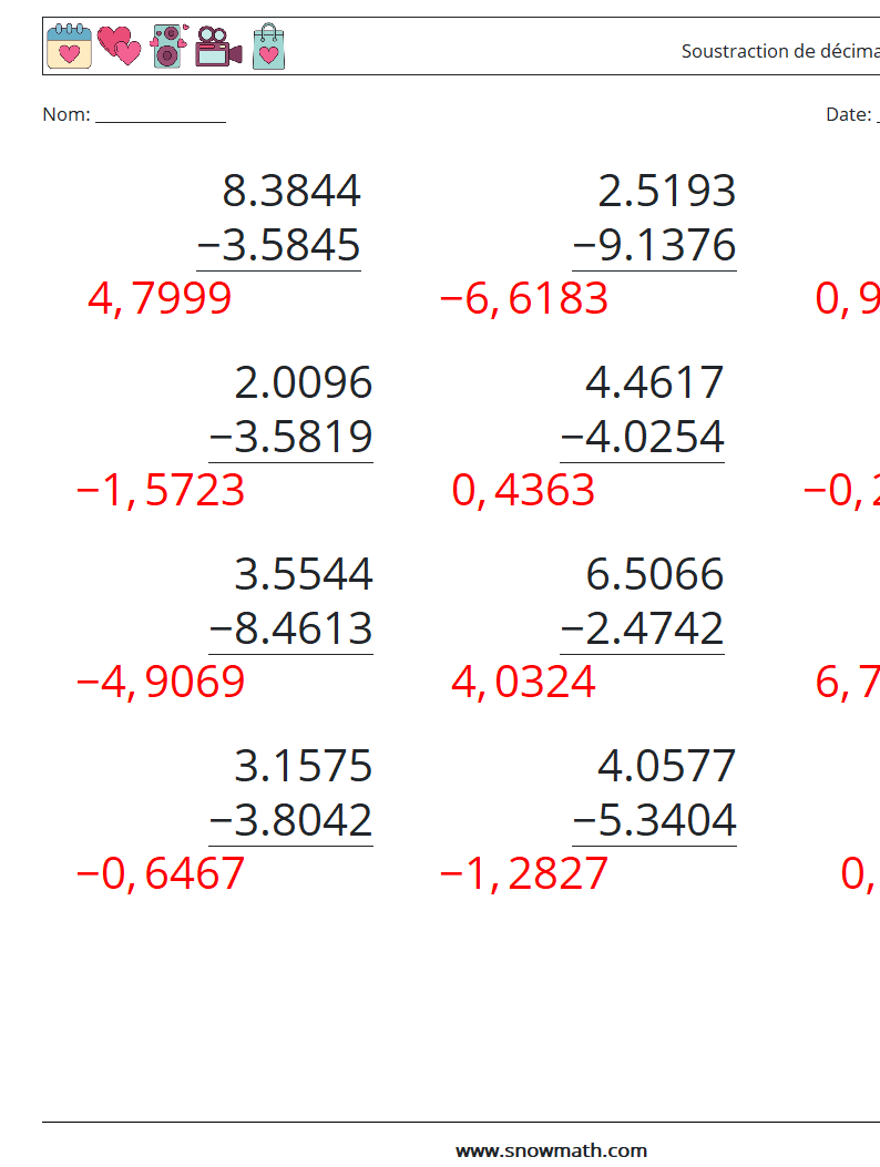 (12) Soustraction de décimales (4 chiffres) Fiches d'Exercices de Mathématiques 7 Question, Réponse