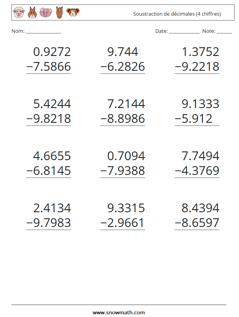 (12) Soustraction de décimales (4 chiffres) Fiches d'Exercices de Mathématiques 8