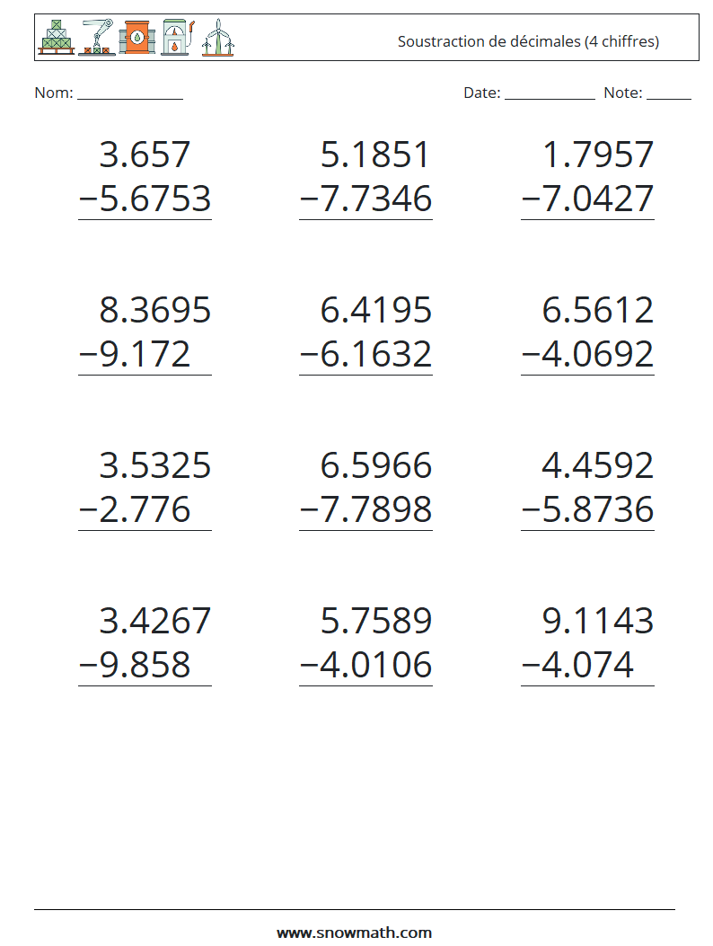 (12) Soustraction de décimales (4 chiffres) Fiches d'Exercices de Mathématiques 9