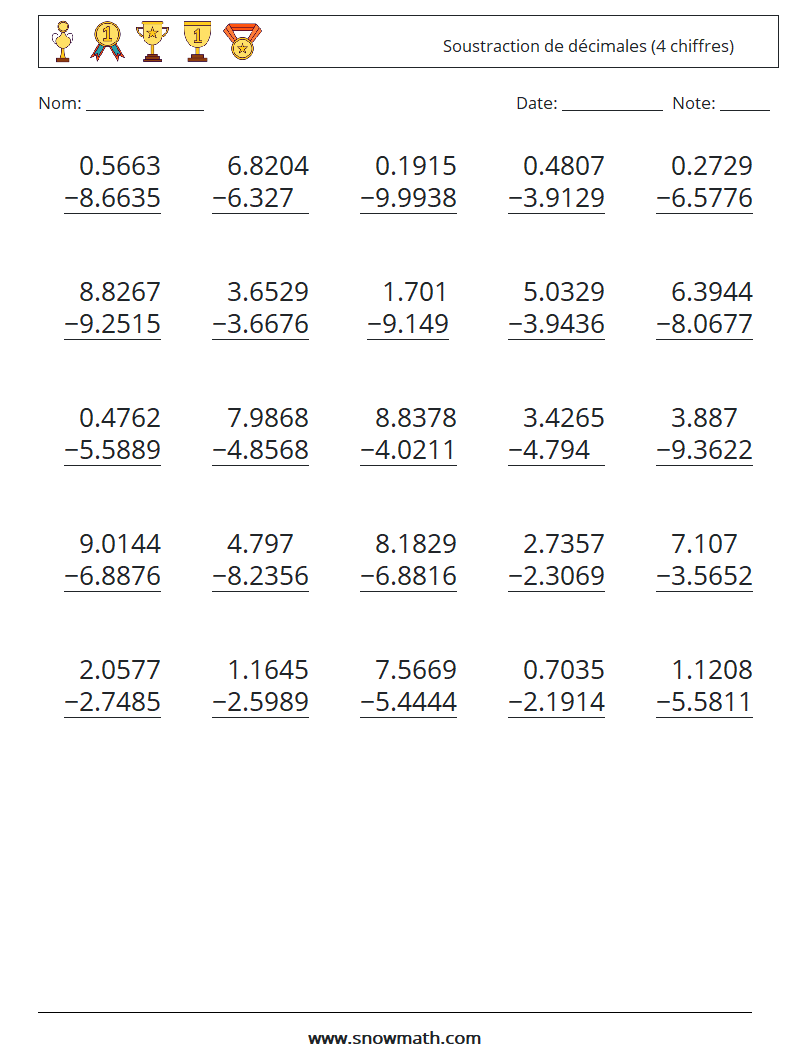 (25) Soustraction de décimales (4 chiffres) Fiches d'Exercices de Mathématiques 12