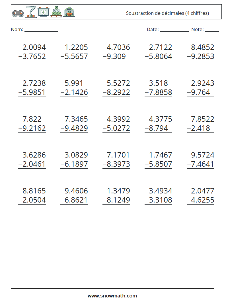 (25) Soustraction de décimales (4 chiffres) Fiches d'Exercices de Mathématiques 14
