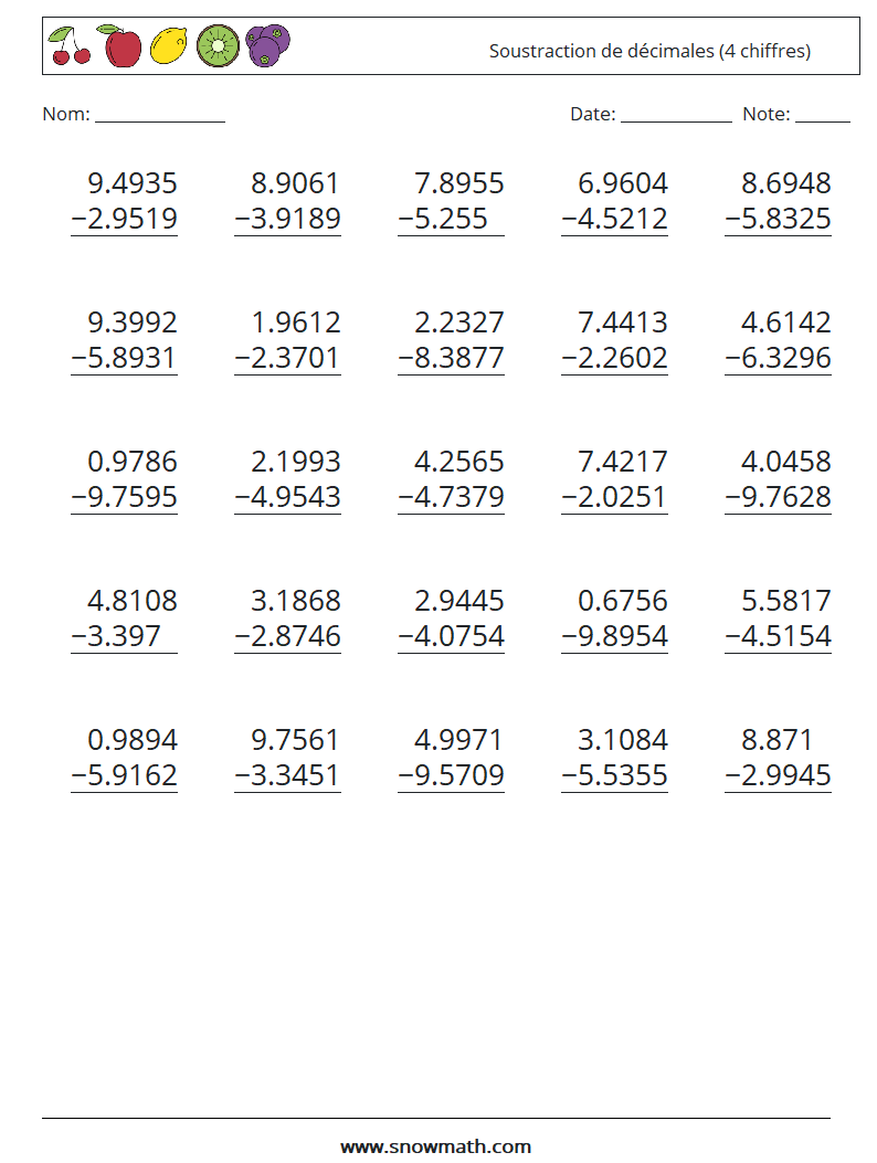 (25) Soustraction de décimales (4 chiffres) Fiches d'Exercices de Mathématiques 15
