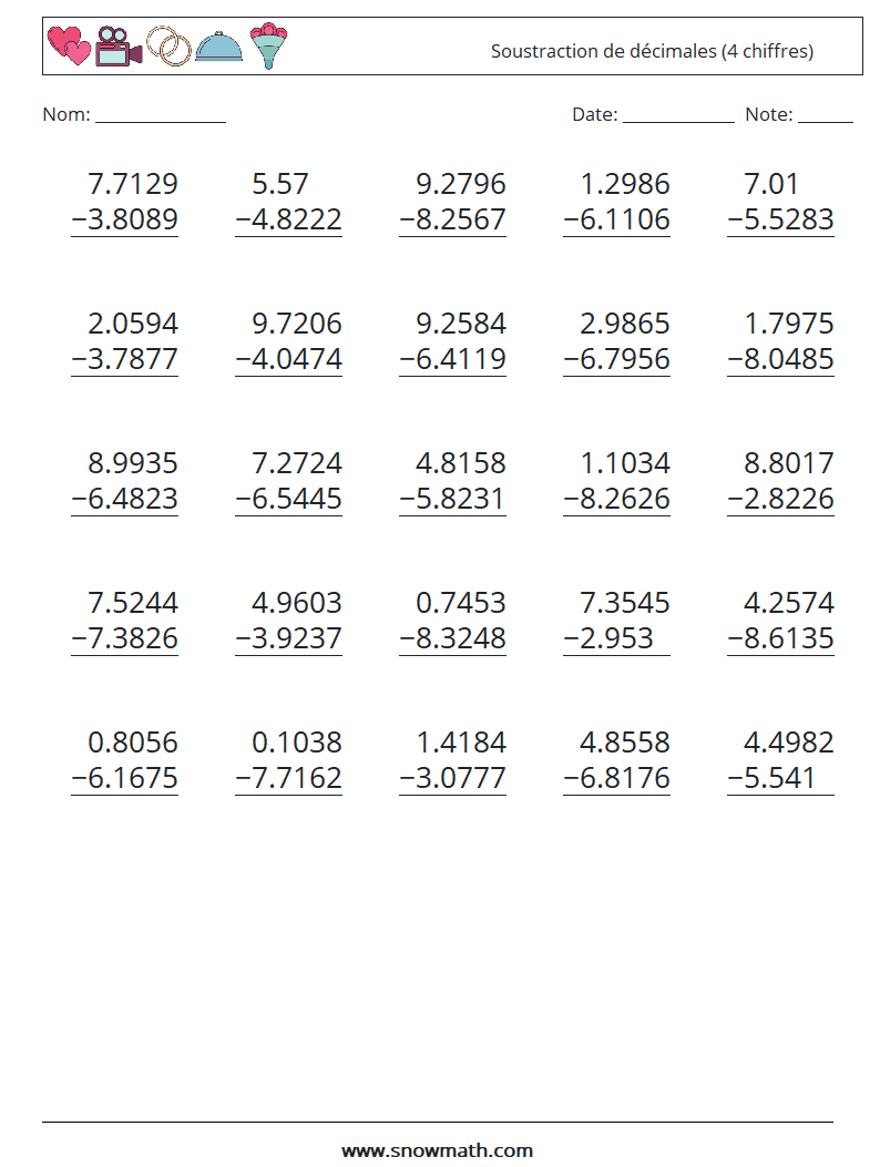 (25) Soustraction de décimales (4 chiffres) Fiches d'Exercices de Mathématiques 4