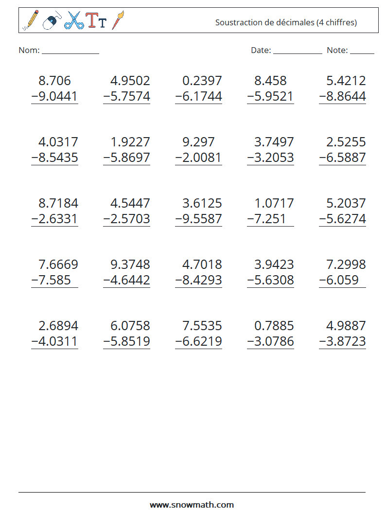 (25) Soustraction de décimales (4 chiffres) Fiches d'Exercices de Mathématiques 7
