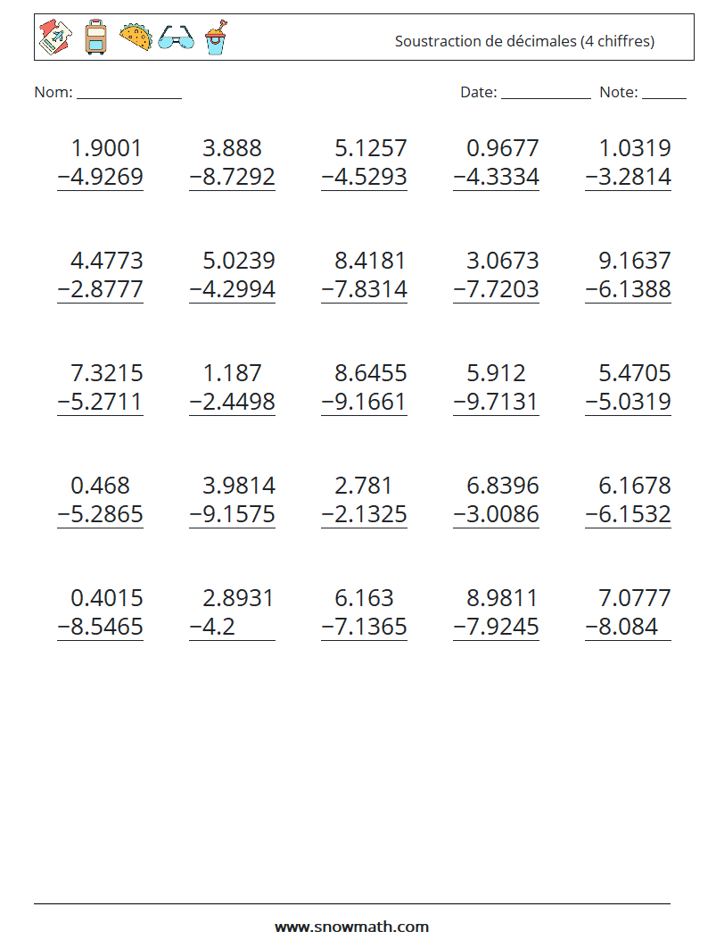 (25) Soustraction de décimales (4 chiffres) Fiches d'Exercices de Mathématiques 9