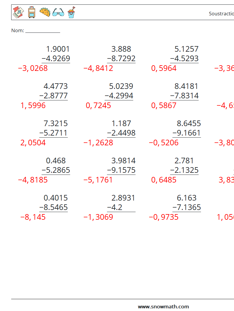 (25) Soustraction de décimales (4 chiffres) Fiches d'Exercices de Mathématiques 9 Question, Réponse