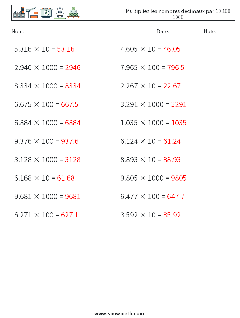 Multiplier Par 10 100 Ou 1000 Exercices à Imprimer Cm1 multipliez les nombres décimaux par 10 100 1000 Fiches d'Exercices de  Mathématiques 1Fiches d'Exercices de Mathématiques, Exercices de  Mathématiques pour Enfants.