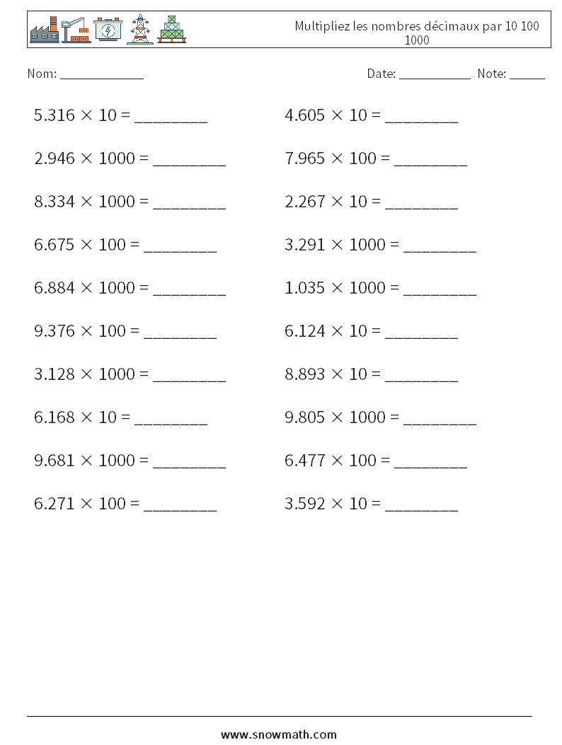 Multipliez les nombres décimaux par 10 100 1000 Fiches d'Exercices de Mathématiques 1