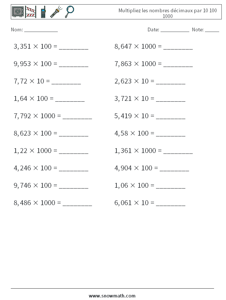 Multipliez les nombres décimaux par 10 100 1000 Fiches d'Exercices de Mathématiques 11