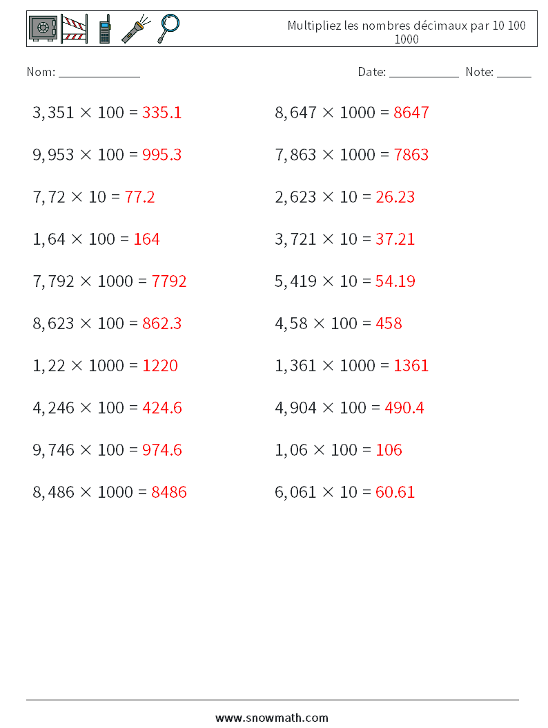 Multipliez les nombres décimaux par 10 100 1000 Fiches d'Exercices de Mathématiques 11 Question, Réponse