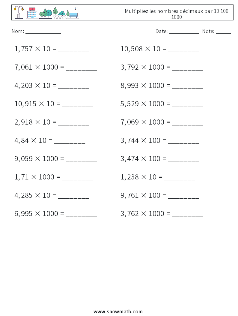Multipliez les nombres décimaux par 10 100 1000 Fiches d'Exercices de Mathématiques 12