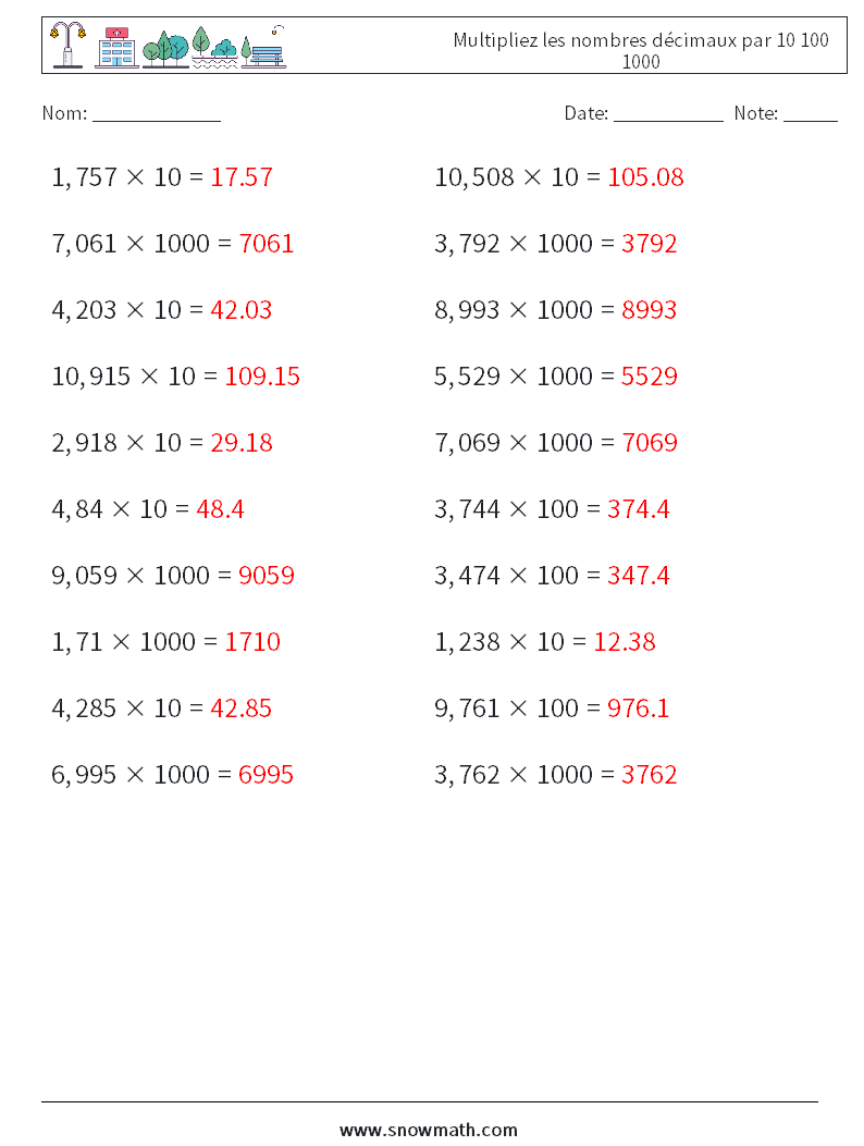 Multipliez les nombres décimaux par 10 100 1000 Fiches d'Exercices de Mathématiques 12 Question, Réponse