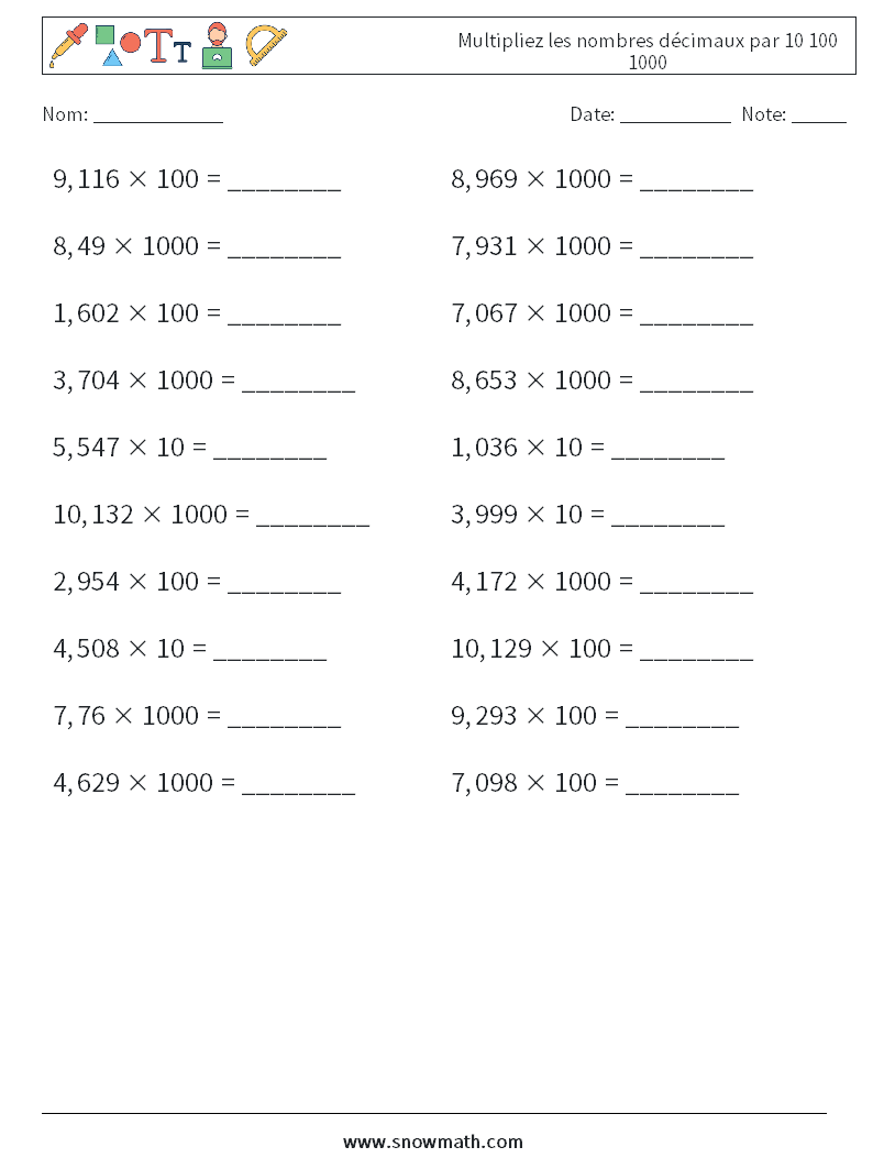 Multipliez les nombres décimaux par 10 100 1000 Fiches d'Exercices de Mathématiques 13