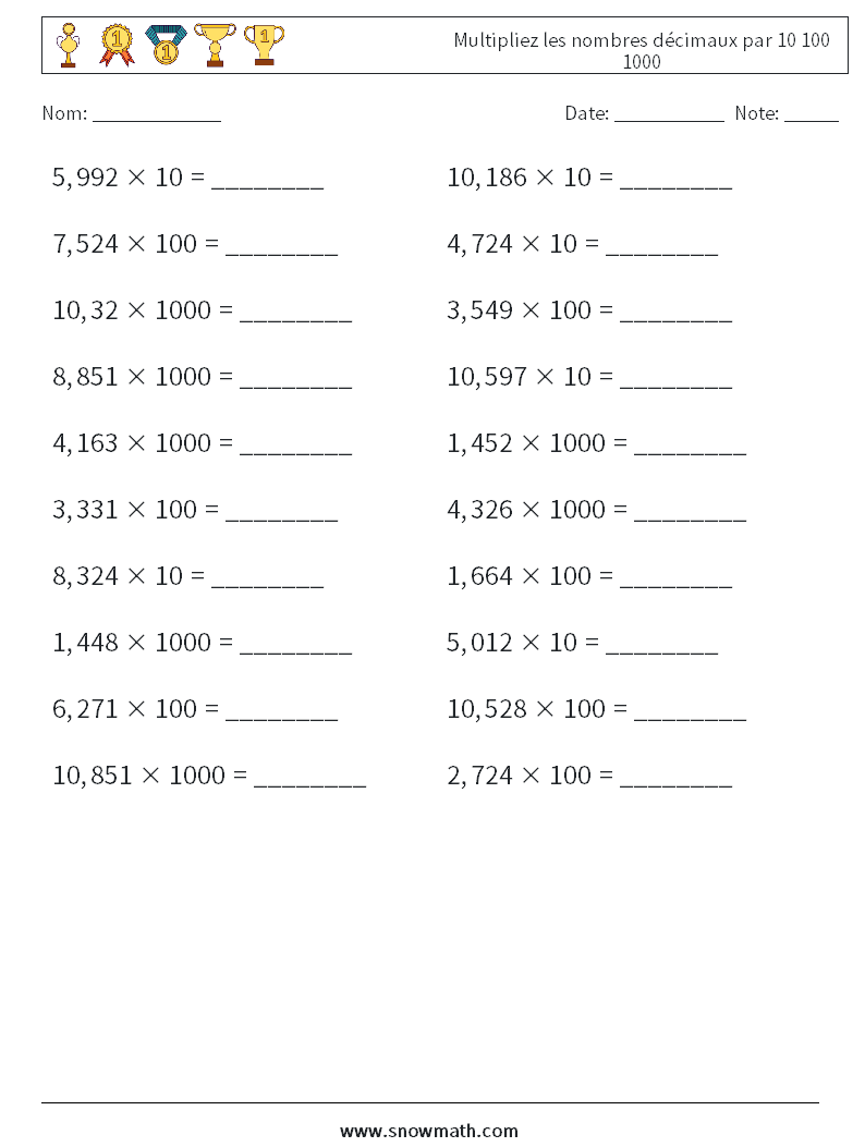 Multipliez les nombres décimaux par 10 100 1000 Fiches d'Exercices de Mathématiques 14