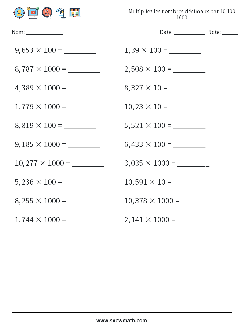 Multipliez les nombres décimaux par 10 100 1000 Fiches d'Exercices de Mathématiques 15