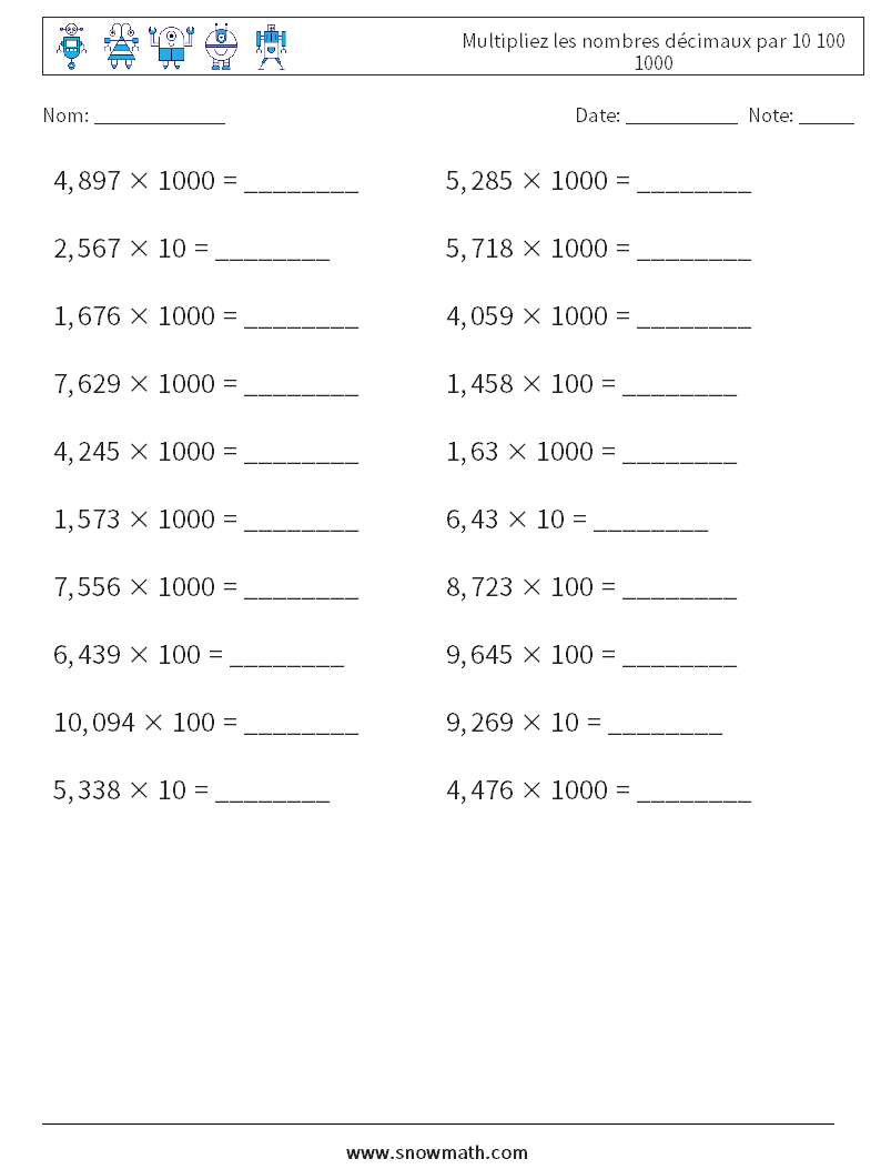 Multipliez les nombres décimaux par 10 100 1000 Fiches d'Exercices de Mathématiques 16