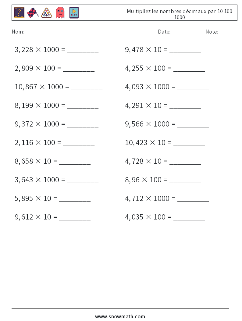 Multipliez les nombres décimaux par 10 100 1000 Fiches d'Exercices de Mathématiques 17