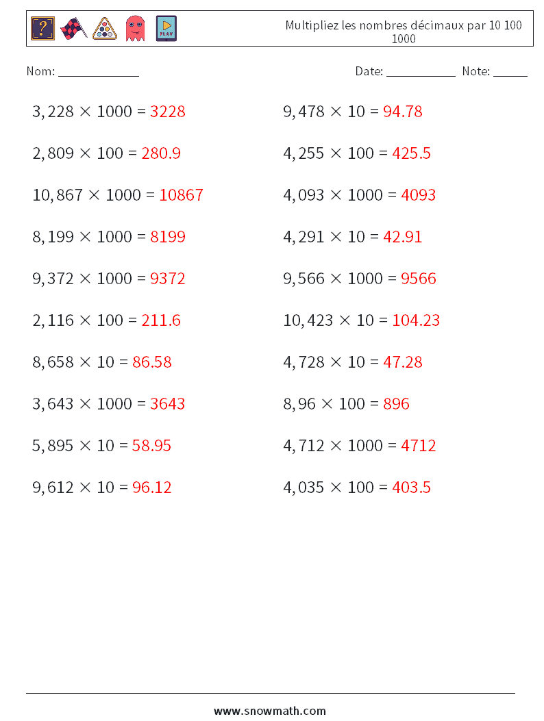 Multipliez les nombres décimaux par 10 100 1000 Fiches d'Exercices de Mathématiques 17 Question, Réponse