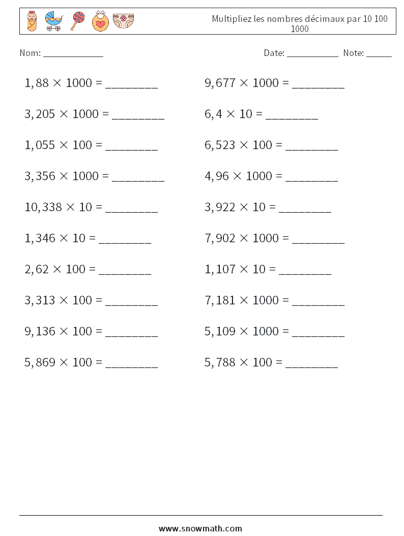 Multipliez les nombres décimaux par 10 100 1000 Fiches d'Exercices de Mathématiques 18