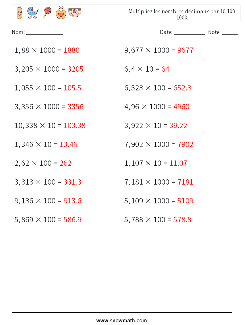 Multipliez les nombres décimaux par 10 100 1000 Fiches d'Exercices de Mathématiques 18 Question, Réponse