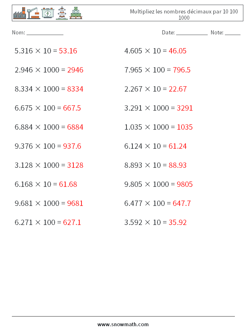 Multipliez les nombres décimaux par 10 100 1000 Fiches d'Exercices de Mathématiques 1 Question, Réponse