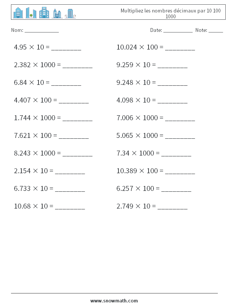 Multipliez les nombres décimaux par 10 100 1000 Fiches d'Exercices de Mathématiques 2