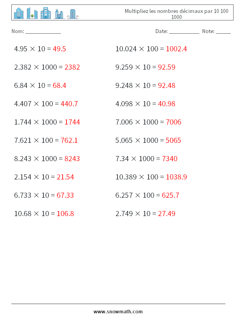 Multipliez les nombres décimaux par 10 100 1000 Fiches d'Exercices de Mathématiques 2 Question, Réponse