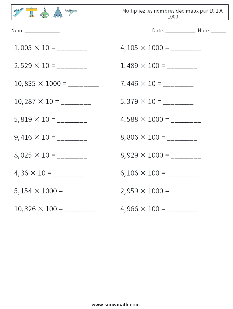 Multipliez les nombres décimaux par 10 100 1000 Fiches d'Exercices de Mathématiques 3