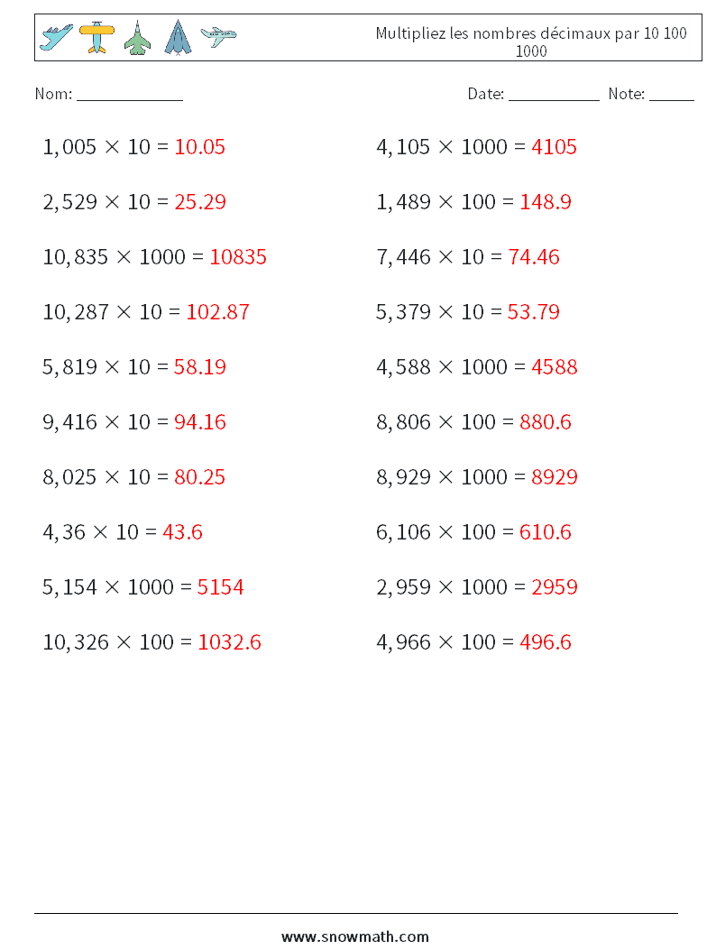 Multipliez les nombres décimaux par 10 100 1000 Fiches d'Exercices de Mathématiques 3 Question, Réponse