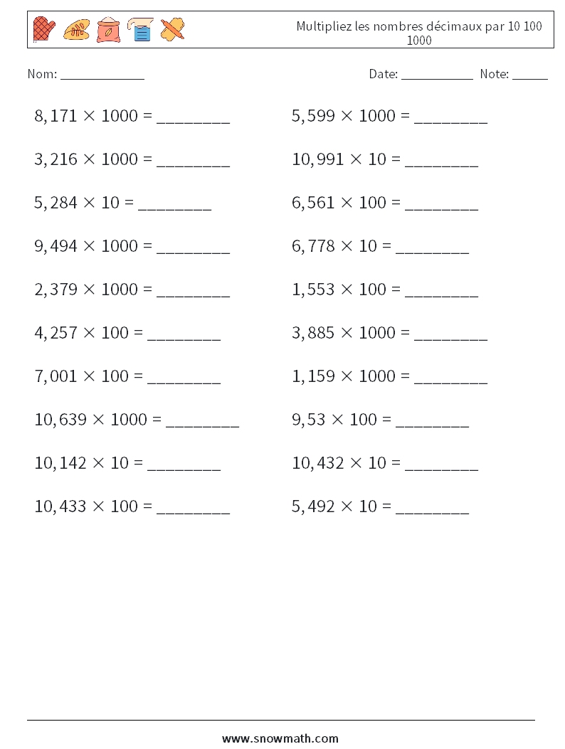Multipliez les nombres décimaux par 10 100 1000 Fiches d'Exercices de Mathématiques 4