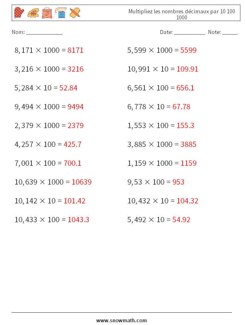 Multipliez les nombres décimaux par 10 100 1000 Fiches d'Exercices de Mathématiques 4 Question, Réponse