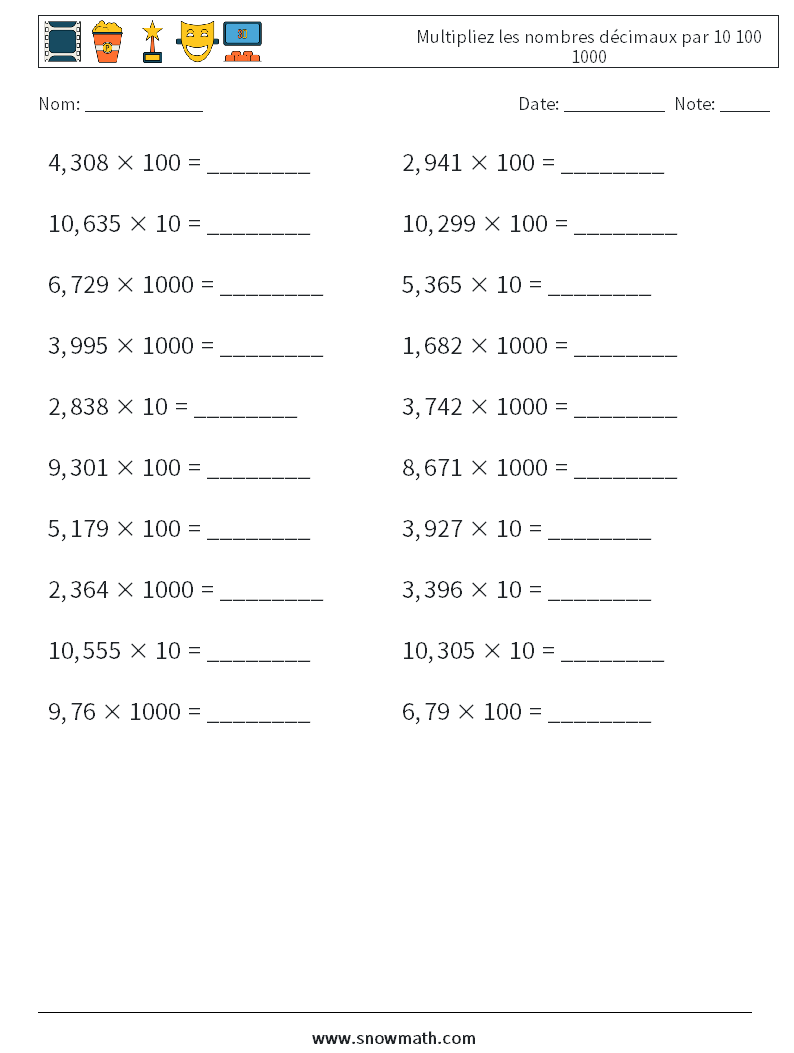 Multipliez les nombres décimaux par 10 100 1000 Fiches d'Exercices de Mathématiques 5