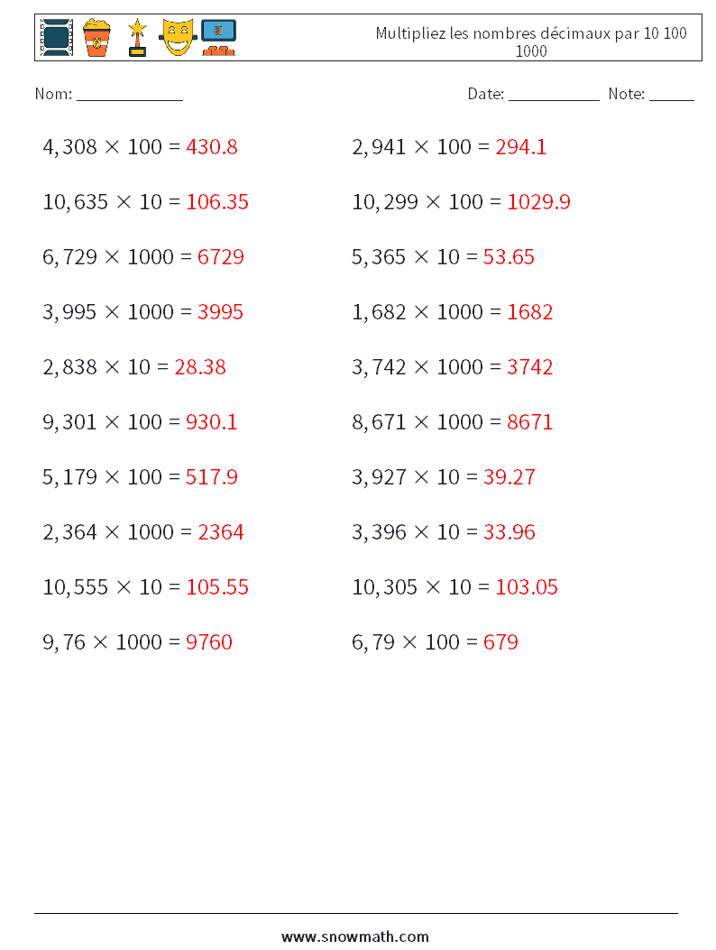 Multipliez les nombres décimaux par 10 100 1000 Fiches d'Exercices de Mathématiques 5 Question, Réponse