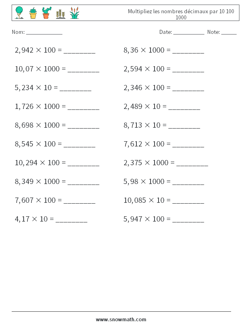 Multipliez les nombres décimaux par 10 100 1000 Fiches d'Exercices de Mathématiques 6