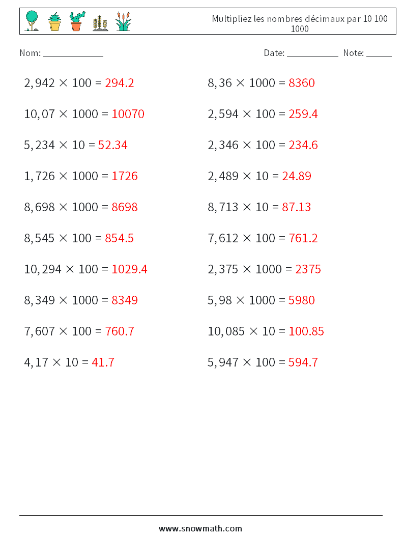 Multipliez les nombres décimaux par 10 100 1000 Fiches d'Exercices de Mathématiques 6 Question, Réponse