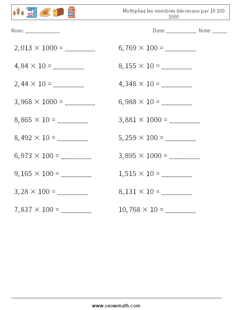 Multipliez les nombres décimaux par 10 100 1000 Fiches d'Exercices de Mathématiques 7