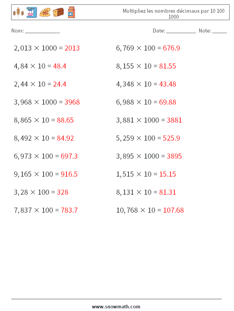 Multipliez les nombres décimaux par 10 100 1000 Fiches d'Exercices de Mathématiques 7 Question, Réponse