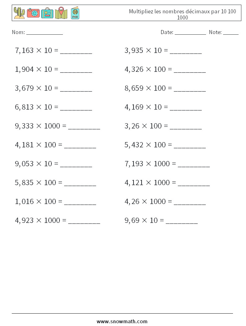Multipliez les nombres décimaux par 10 100 1000 Fiches d'Exercices de Mathématiques 8