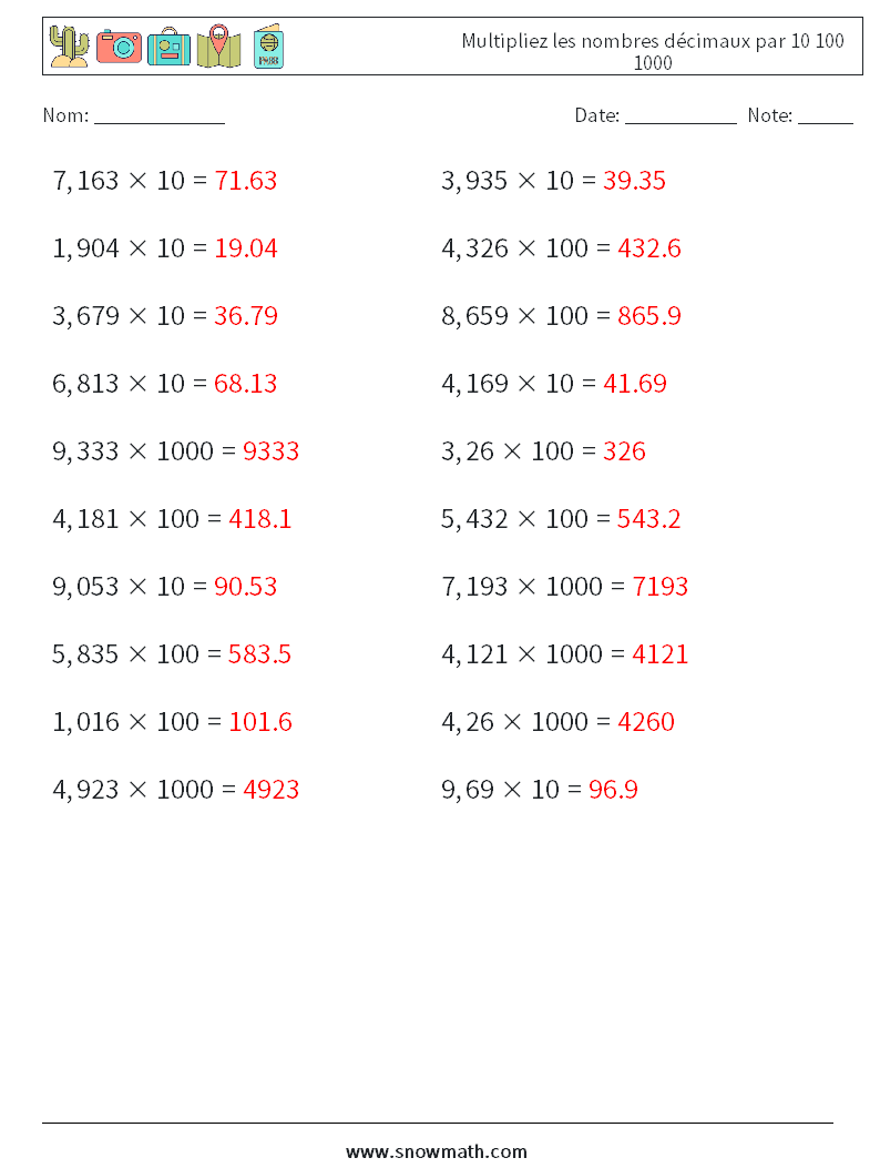 Multipliez les nombres décimaux par 10 100 1000 Fiches d'Exercices de Mathématiques 8 Question, Réponse