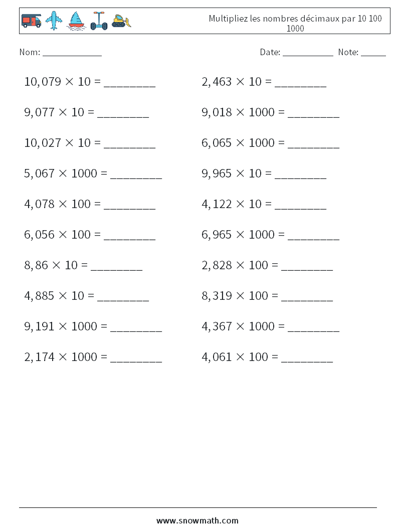 Multipliez les nombres décimaux par 10 100 1000 Fiches d'Exercices de Mathématiques 9