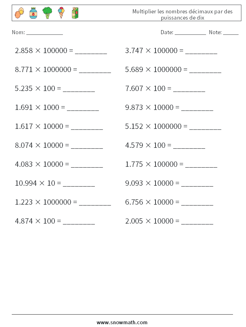 Multiplier les nombres décimaux par des puissances de dix Fiches d'Exercices de Mathématiques 1